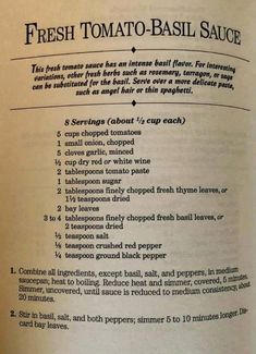 an open book with instructions on how to make fresh tomato basil sauce