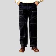 Elevate your duty style with our high-waist men's labor jeans from the 2024 Spring Collection. These baggy fit jeans are crafted from 14oz heavyweight denim, making them durable enough for any task. The back-cinch adds a touch of ruggedness while the contrasting stitching adds a trendy edge. These jeans feature a button closure for easy wear and a high-waist design for a flattering fit.Distinctive Features: Loose Fit: These jeans offer a relaxed fit, perfect for a informal day at work. Contrast Baggy Fit Jeans, Contrasting Stitching, Work Jeans, Work Style, Work Fashion, Baggy Fits, Contrast Stitch, Spring Collection, Easy Wear