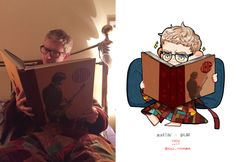 a man reading a harry potter book while sitting on a bed next to an image of him