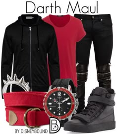 a woman wearing black and red outfit with hoodie, boots and watch on her wrist