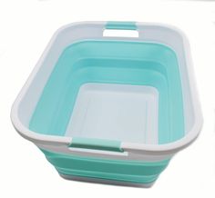 an empty blue and white plastic container