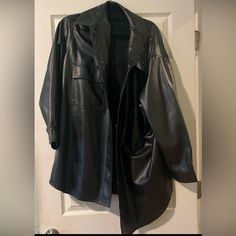 Old Navy Faux Leather Jacket In Size 3x - Has An Oversized Fit And Snap Closures Nwot Oversized Faux Leather Winter Outerwear, Winter Oversized Faux Leather Outerwear, Oversized Outerwear For Winter Nights Out, Black Faux Leather Button-up Outerwear, Oversized Outerwear For Night Out, Oversized Faux Leather Outerwear For Fall, Oversized Faux Leather Jacket For Fall, Oversized Black Outerwear For Night Out, Oversized Long Sleeve Faux Leather Outerwear