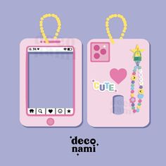 two pink cell phones sitting next to each other on top of a purple background with the words deco nami