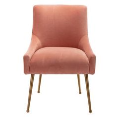 an upholstered pink chair with gold legs and a backrest, on a white background