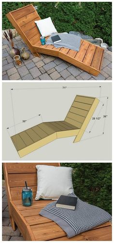 an outdoor bench made out of pallets and wooden planks, with pillows on it