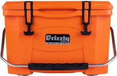 an orange grizzly cooler with two handles on the front and one handle attached to it