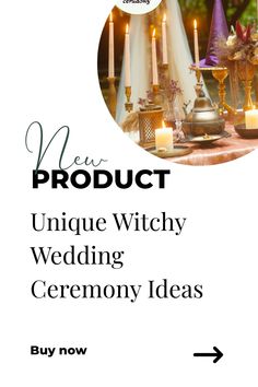 an advertisement for a wedding ceremony with candles on the table and witches in the background