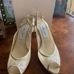 These Sandals Have Been Worn Only Once. To A Wedding. In Like New Condition. 4 1/4 Inch Heel, Half Inch Platform Jimmy Choo Sandals, Jimmy Choo Shoes, 4 Inch Heels, Ivory Lace, Jimmy Choo, Shoes Women Heels, A Wedding, 4 Inch, Shoes Heels