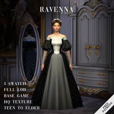 a woman in a white and black dress is standing next to a mirror with the words ravenna on it