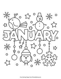 the word january with snowmen and stars in black ink on a white paper background