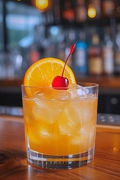 an orange drink with a cherry garnish in a glass on a bar top