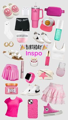 the birthday card is filled with pink and white items, including shoes, sunglasses, lipstick,