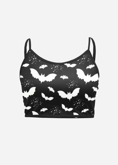 Bat Pattern Cami Crop Top - In Control Clothing Halloween Crop Top, Vampire Clothes, Denim Hoodie, Bat Pattern, Spaghetti Strap Crop Top, Style Goals, Strap Crop Top, Body Harness, Cuff Detail