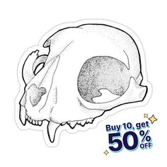 a sticker with the image of a skull on it's side and 50 % off