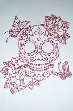 a drawing of a skull with roses and a butterfly on it's forehead is shown