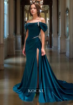 Sheath Off-Shoulder Prom Dress Straps High Split Pleats Beads Formal G Green Satin Prom Dress, Prom Dress With Train, Classy Prom, Beaded Evening Gowns, فستان سهرة, Satin Prom Dress