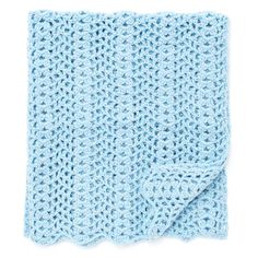 a blue crocheted blanket on a white background