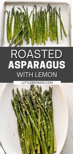 roasted asparagus with lemon on a white plate