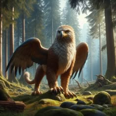 an eagle standing in the middle of a forest with its wings spread out and outstretched