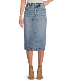 Every Denim Midi Skirt | Dillard's High Rise Fitted Skirt With Button Closure, Mid-rise Fitted Lined Skirt, Fitted High Rise Skirt With Button Closure, Fitted Midi Denim Skirt With Lining, Fitted High Rise Lined Skirt, Fitted Midi Denim Skirt, Denim Midi Skirt, Dillard's, Every Woman