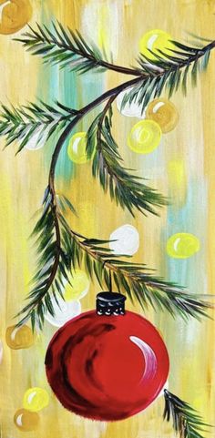 a painting of a christmas ornament hanging from a tree branch