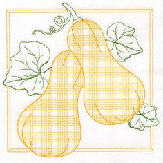 the embroidery pattern shows two pears with leaves on them