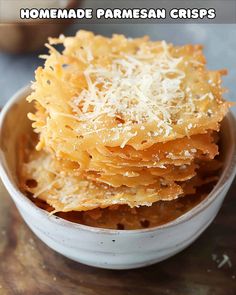 homemade parmesan crispes in a white bowl