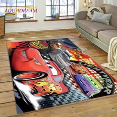 a rug with cars on it in a living room