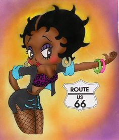 a drawing of a woman with an afro holding a sign that says route us 66