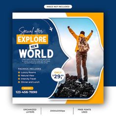 a blue and yellow flyer with a man standing on top of rocks