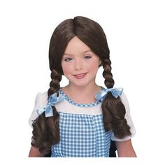 Emulate Dorothy with this classic brown wig! The Dorothy Wig for Children is a brown hair wig with Dorothy's signature pigtails with attached blue bows. You'll want to walk down yellow brick road when you wear this costume wig. Size: Standard.  Color: Black. Wizard Of Oz Dorothy Costume, Dorothy Halloween Costume, Pigtail Wig, Dorothy Dress, Wizard Of Oz Dorothy, Dorothy Costume, Dorothy Wizard Of Oz, Black Halloween Costumes, Wizard Costume