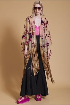 A real wow piece that will make a statement, this kimono with bold tassel trim and fancy floral print is ideal for festivals and outdoor events.  Silk Devore Jacket with Tassels   One size   Comfortably fits sizes 8 - 14 Holistic Fashion, Jacket With Tassels, Cashmere Gloves, Maxi Coat, Suede Coat, Oversized Dress, Long Kimono, Feather Dress, Print Coat