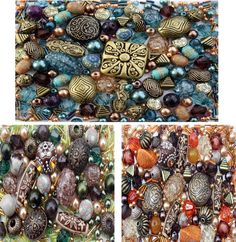 three pictures of different beads and jewelry