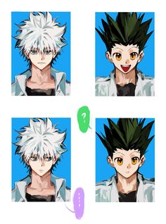 four pictures of an anime character with different hair styles and facial expressions, each showing the same person's face