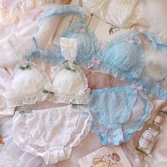 Satisfy your girly heart with this charming vintage-blue/white Lace Ruffle Kawaii Princess Nymphet Lolita Lingerie Set featuring wire-free bra with removable inserts, sweet bow decoration, ruffled shoulder straps and matching bottoms. Light Blue Lingerie, Princess Lingerie, Pastel Clothing, Fairycore Fashion, Frilly Knickers, Blue Coquette, Kawaii Swimsuit, Kawaii Princess, Deer Doll