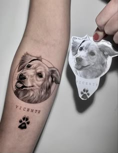 a person with a dog's face and paw prints on their arm next to a sticker