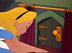 an animated image of a woman looking down at the floor in front of a door