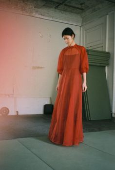 MEIERE SILK ORGANZA GOWN | RUST – Kamperett Voluminous Evening Dress With Sheer Sleeves, Silk Floor-length Dress With Sheer Sleeves, Floor-length Silk Dress With Sheer Sleeves, Fitted Sheer Silk Gown, Fitted Silk Gown With Sheer Details, Fitted Silk Chiffon Cocktail Gown, Fitted Red Silk Chiffon Dress, Silk High Neck Wedding Dress, Organza Gown