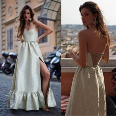 two pictures of a woman wearing a dress with high slits