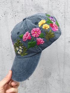 Adjustable Baseball Cap With Floral Embroidery, Spring Baseball Cap With Floral Embroidery, Blue Embroidered Baseball Cap For Summer, Cotton Baseball Cap With Floral Embroidery, Custom Baseball Hats, Embroidered Flower Baseball Cap, One Size, Custom Embroidered Hats, Embroidery Caps, Pretty Hats