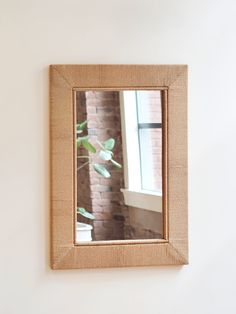 a mirror mounted to the side of a wall next to a plant in a vase