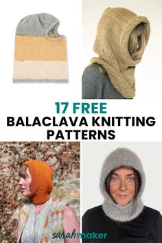 four different knitted hats with text that reads 17 free balcava knitting patterns