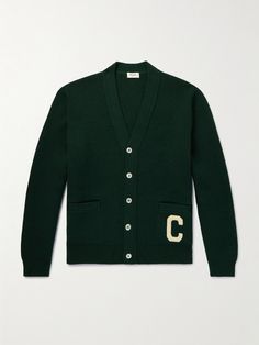 Drawing from collegiate styles, CELINE HOMME's cardigan is patched with a contrasting 'C' on the front and its moniker and home city on the back. It's made from soft wool and detailed with ribbed trims and elegant mother-of-pearl buttons. Cardigan For Men, Home City, Collegiate Style, Green Wool, Knitwear Cardigan, Mother Of Pearl Buttons, Soft Wool, Wool Cardigan, Mr Porter