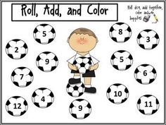 a soccer themed roll and color game for kids to practice their number recognition skills, including numbers