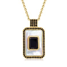 Ross-Simons - Mother-of-Pearl, Onyx Pendant Necklace, .70ct t. w. Black Spinel Over Sterling. 18". This necklace finds the perfect balance between contemporary and elegant, featuring a 20x13mm rectangular mother-of-pearl cabochon studded with a 9x7mm emerald-cut onyx and .70 ct. t. w. black spinels. Crafted in 18kt yellow gold over sterling silver. Suspends from a cable chain with a 2" extender. Lobster clasp, onyx and mother-of-pearl pendant necklace. Pearl birthstones are the perfect gift for Luxury Black Pearl Chain Necklace, Elegant Black Pearl Necklace With Charm, Elegant Black Pearl Necklace For Evening, Black Pearl Chain Necklace, Elegant Black Jewelry With Pearl Charm, Black Pearl Evening Necklace, Classic Black Pearl Chain Necklace, Black Pearl Jewelry With Pearl Charm, Black Pearl Necklaces With Pearl Charm