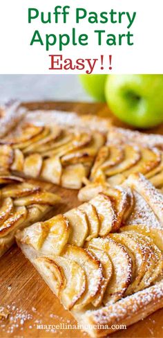 an apple tart cut into slices on top of a cutting board