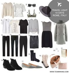 travel light packing guide for the rome italy itinere with text overlay that reads travel light in 10 days, rome italy