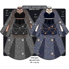 two paper dolls with different outfits on them, one in blue and the other in black