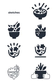 six black and white icons depicting different types of food in bowls, with the words sketched on them