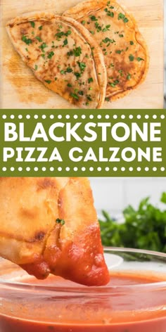 black stone pizza calzone in a glass bowl with the title overlay reads, blackstone pizza calzone